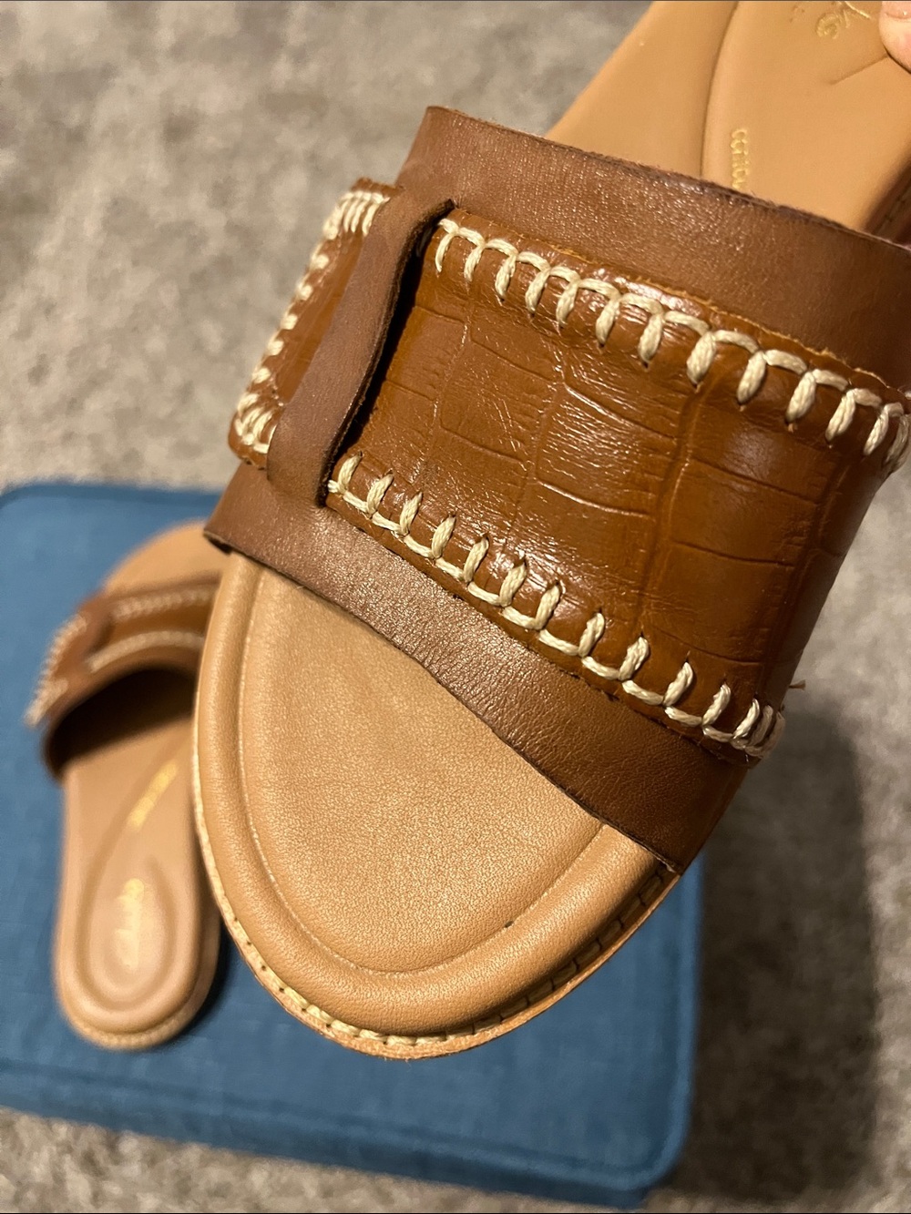 Clarks Tan/Brown Leather Slide Sandals with Stitch Detail - Picture 4 of 4